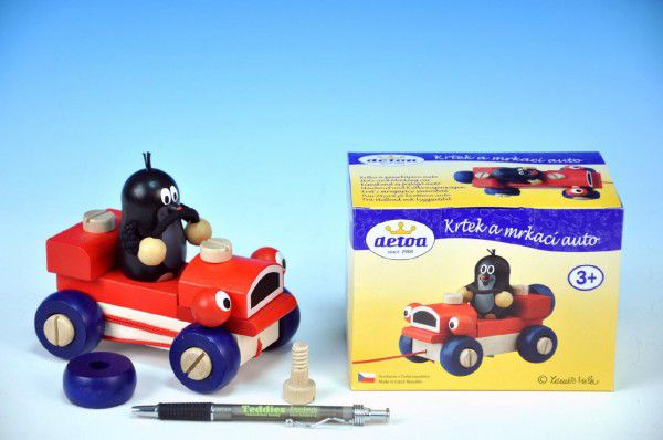 Detoa Krtek a mrkací auto dřevo tahací 14cm v krabičce Teddies