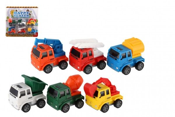 Teddies Auto stavební stroj mini 6ks plast 6cm na zpětné natažení na kartě 25x24x5cm Teddies