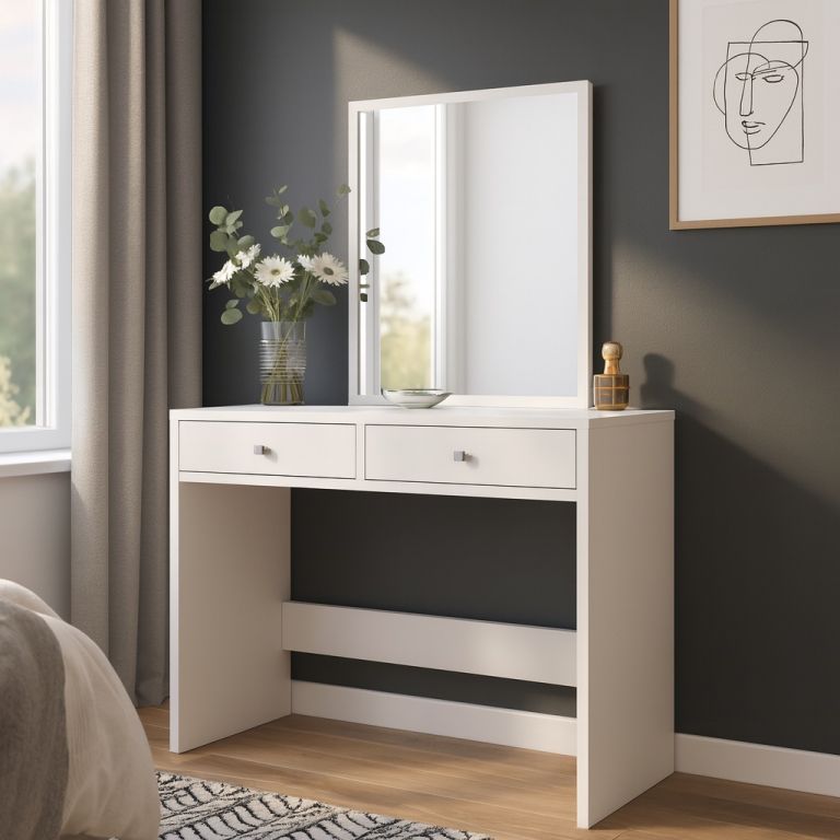 Toaletní stolek bílý 100 × 50 cm se zrcadlem a zásuvkami Meblowa1
